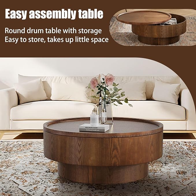 Storage Coffee Table, Handcraft Round Coffee Table with Hidden Storage Removable Top, Modern Solid Wood Veneered Circle Center Table with Sturdy Pedestal for Living Room 、Easy Assembly