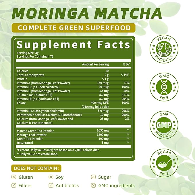 2 Pack Moringa Powder and Matcha Powder, 4 in 1 Superfood Blend with Green Tea and Resveratrol, for Energy, Immune, Digestion, and Antioxidant Support, Vegan, Gluten-Free, Moringa Supplement