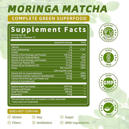 2 Pack Moringa Powder and Matcha Powder, 4 in 1 Superfood Blend with Green Tea and Resveratrol, for Energy, Immune, Digestion, and Antioxidant Support, Vegan, Gluten-Free, Moringa Supplement