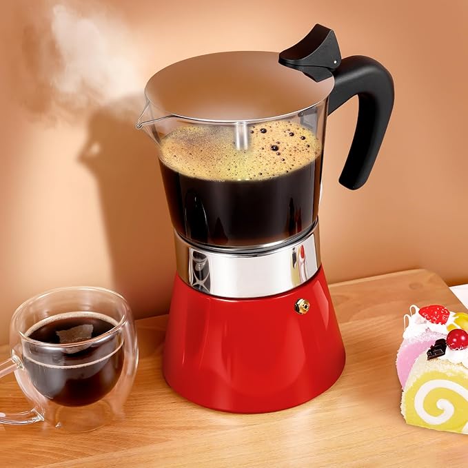 Induction Moka Pot, 9 Cups (15.9 oz) Crystal Glass-Top & Stainless Steel Moka Pot, Classic Stovetop Espresso Maker, Red