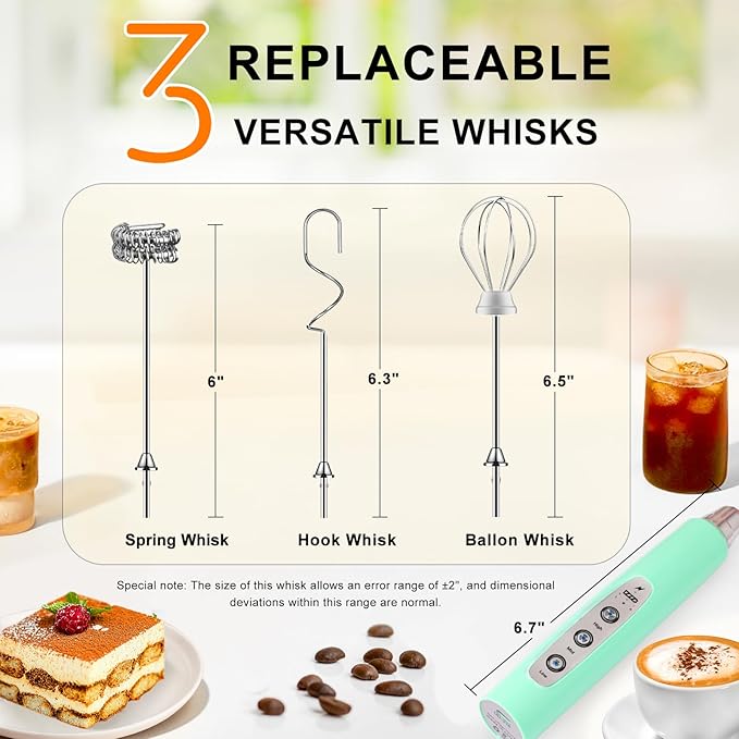 YUSWKO Baby Blue Handheld Milk Frother Wand for Coffee, Rechargeable Electric Whisk with 3 Heads 3 Speeds Drink Mixer Coffee Frother For Latte, Cappuccino, Hot Chocolate, Egg