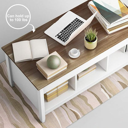 DORTALA Lift Top Coffee Table, Wood Cocktail Table w/Hidden Compartment & Lower Storage Shelves, Wood Laptop Table, Lift Tabletop Home Furniture for Living Room, Guest Room, Office, White