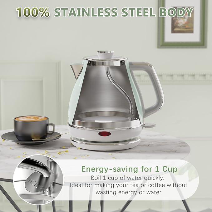 Electric Tea Kettle, 1500W /1.0L Hot Water Boiler Heater Pot, Retro Small Electric Kettle, 100% Stainless Steel BPA Free Electric Teapot, Auto Shut-Off & Boil-Dry Protection