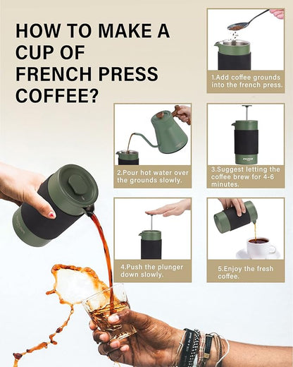 POLIVIAR French Press Coffee Maker, 12 oz Portable French Press with Mini Canister and Collection Bag, Double Wall Insulation & Dual- Filter Screen, Food Grade Stainless Steel for Coffee