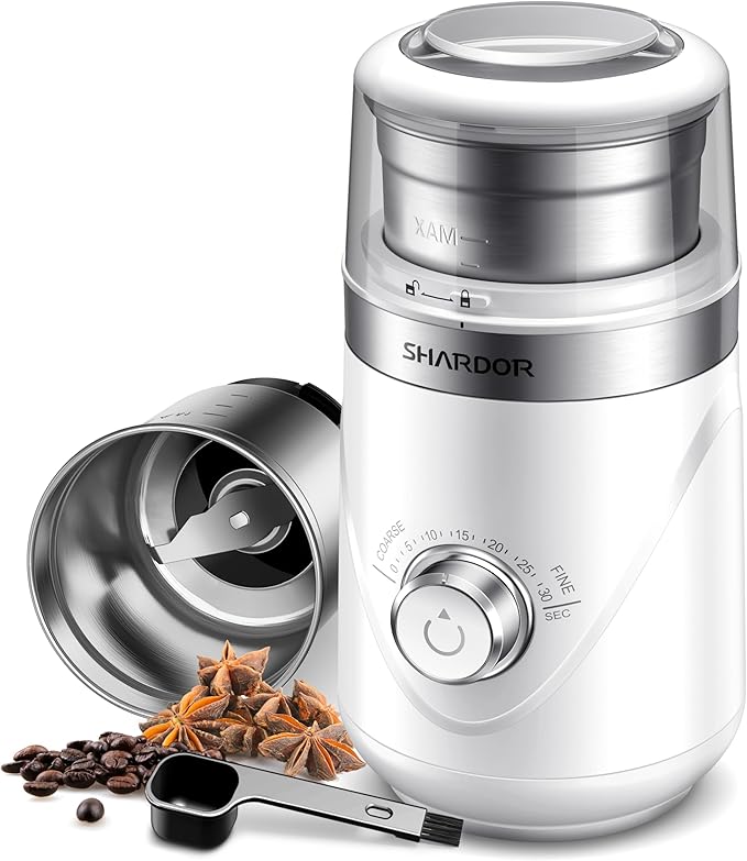SHARDOR Electric Super Silent Blade Coffee Grinder, Timed Grind Control Rotary Knob, Adjustable Coarse to Fine for Coffee Beans, Spices & Herbs, with 1 Removable Stainless Steel Bowl, White