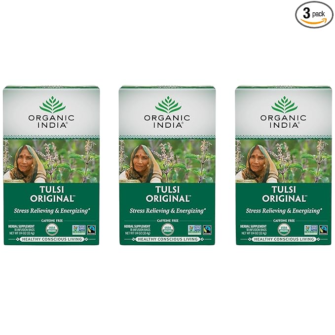 ORGANIC INDIA Tulsi Original Herbal Tea - Holy Basil and African Basil Calming and Stress Relief Tea, Immune Support, USDA Certified Organic, Non-GMO, Caffeine-Free - 18 Infusion Bags, 3 Pack
