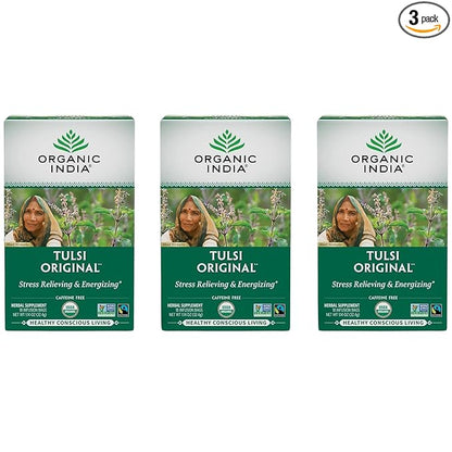ORGANIC INDIA Tulsi Original Herbal Tea - Holy Basil and African Basil Calming and Stress Relief Tea, Immune Support, USDA Certified Organic, Non-GMO, Caffeine-Free - 18 Infusion Bags, 3 Pack