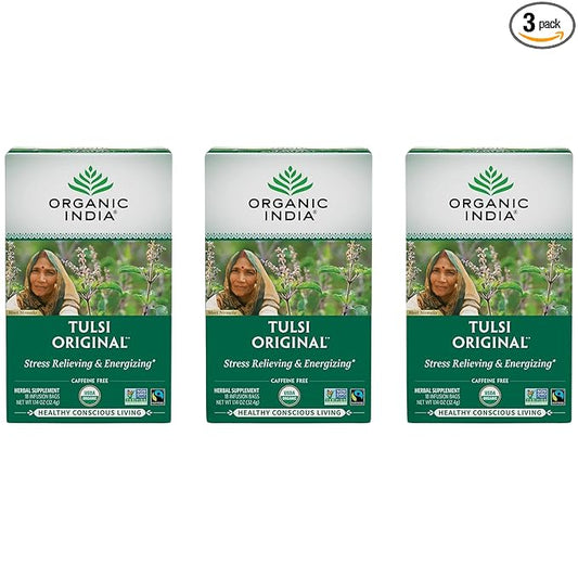 ORGANIC INDIA Tulsi Original Herbal Tea - Holy Basil and African Basil Calming and Stress Relief Tea, Immune Support, USDA Certified Organic, Non-GMO, Caffeine-Free - 18 Infusion Bags, 3 Pack
