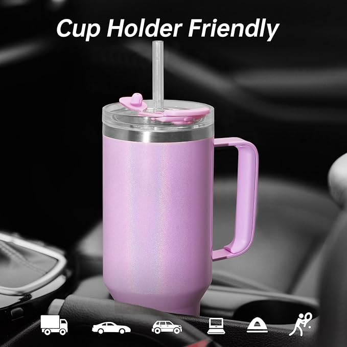 COKTIK 40 oz Tumbler With Handle and Straw Lid, Vacuum Insulated Travel Coffee Mug Stainless Steel Insulated Cup for Beverages, Leak-proof, Cupholder Friendly (Lavender Shimmer)