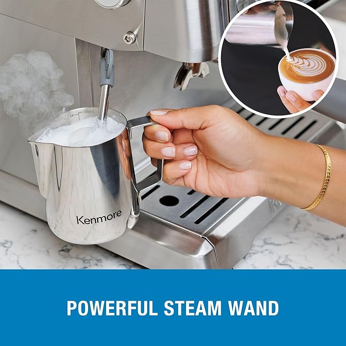 Kenmore Espresso Machine - Automatic Coffee Maker With Manual Tamper, Auto Cleaning, Milk Steamer & Frother, Bean Grinder, Make Professional Barista Style Cappuccino, Café Latte, Stainless Steel