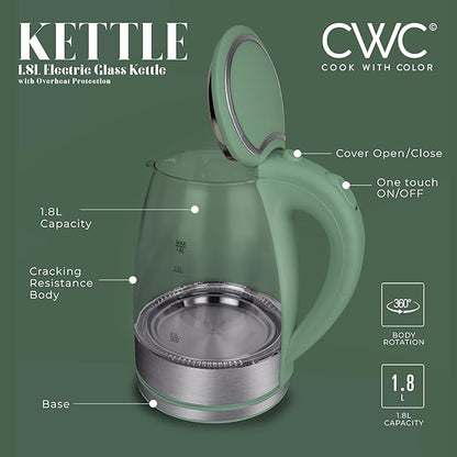 COOK WITH COLOR Electric Tea Kettle, 1.8L Cordless Hot Water Boiler, 1200W Rapid Boil, Auto Shutoff & Boil Dry Protection, BPA-Free, Sleek Countertop Design, Green