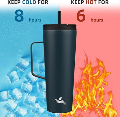 Insulated Tumbler with Handle and Straw, 26 OZ Travel Coffee Mug Stainless Steel Cup Metal Water Bottle,Navy Blue