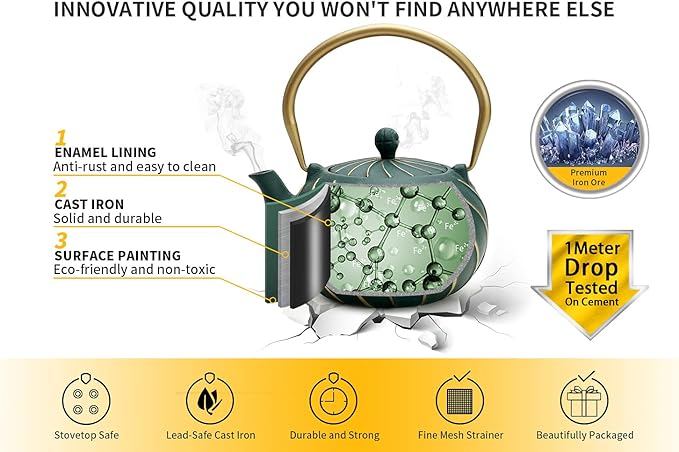 TOPTIER Japanese Cast Iron Teapot with Infuser, Stovetop Safe Teakettle, Wave Design, Enameled Interior, 30 oz (900 ml), Green