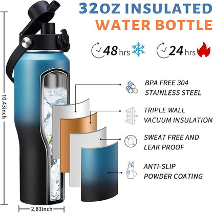32oz 40oz Water Bottle Insulated - with Paracord Handle, Waterbottle with Straw & Auto Spout Lid, Insulated Water Cup Fit Car Cup Holder, Vacuum Travel Coffee Mug Iced Cold 48h or Hot 24h