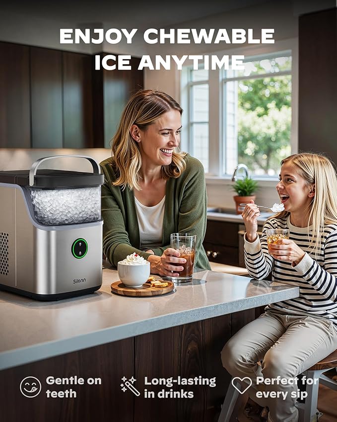 Silonn Nugget Ice Maker Countertop, Ice Basket with Handle, Quiet Operation & Self Cleaning Ice Machine, Chewable Ice, 33 lbs/24H, Portable Pellet Ice Maker with Scoop for Home, Kitchen and Office