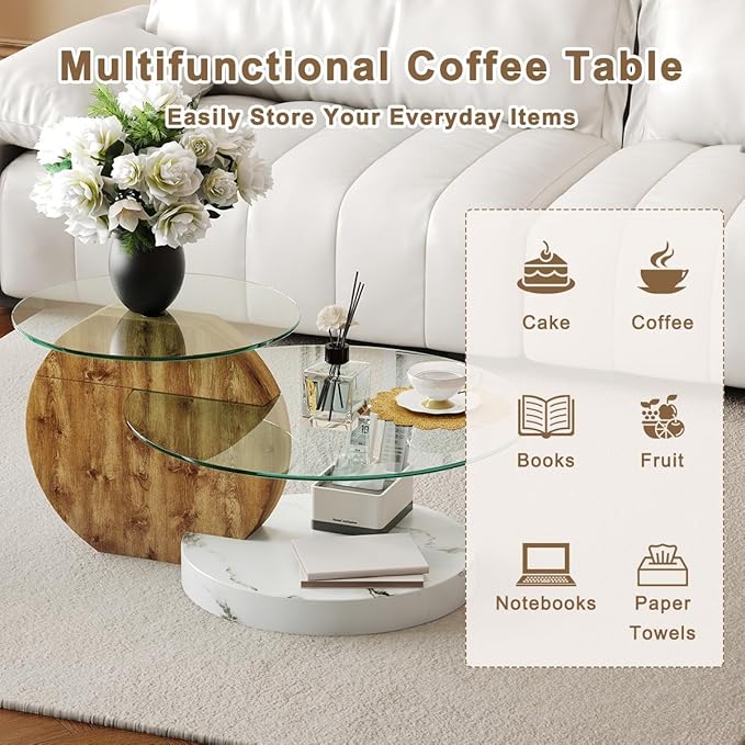 35 Inch Glass Coffee Table，Round Coffee Table with 2-Tier Tempered Glass Tabletop，Easy to Clean Circle Coffee Table with Sturdy Base for Living Room，Office （Brown & White Marble Colored Base）