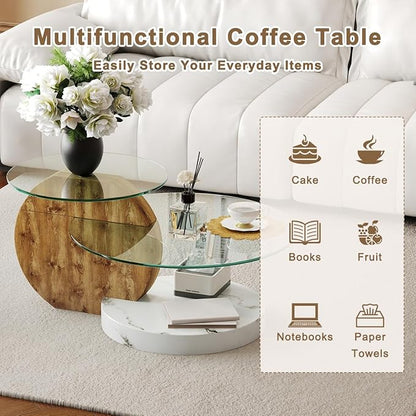 35 Inch Glass Coffee Table，Round Coffee Table with 2-Tier Tempered Glass Tabletop，Easy to Clean Circle Coffee Table with Sturdy Base for Living Room，Office （Brown & White Marble Colored Base）
