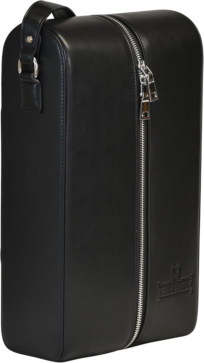 POUR & GARNISH Bourbon Whiskey & Wine Double Bottle Travel Bag with 4 Stainless Steel Double-Walled Vacuum Insulated Glasses - Makes a Great Gift!