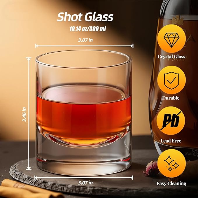 KAMMAK Whiskey Glasses Set of 2, 10.14 oz Old Fashioned Tumbler,Lead-Free Thick Base Crystal Glass with Delicate Rim & Seamless Design for Scotch, Bourbon, Cocktails