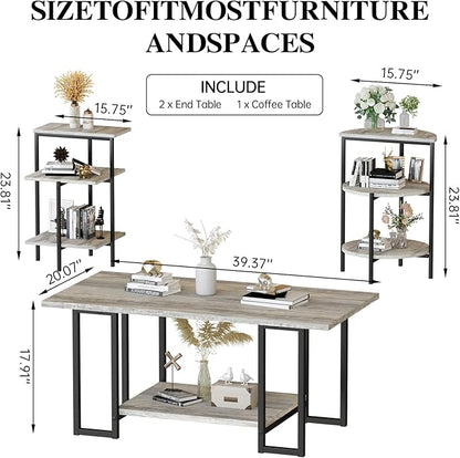 Lamerge Coffee Table Set of 3,Rectangle Coffee Table&2 Accent Table,Faux Marble Tabletop,3 Piece Living Room Table Sets with Multi Tier Storage, for Small Space, Apartment, Gray