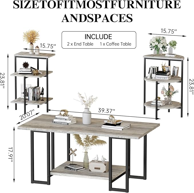 Lamerge Coffee Table Set of 3,Rectangle Coffee Table&2 Accent Table,Faux Marble Tabletop,3 Piece Living Room Table Sets with Multi Tier Storage, for Small Space, Apartment, Gray