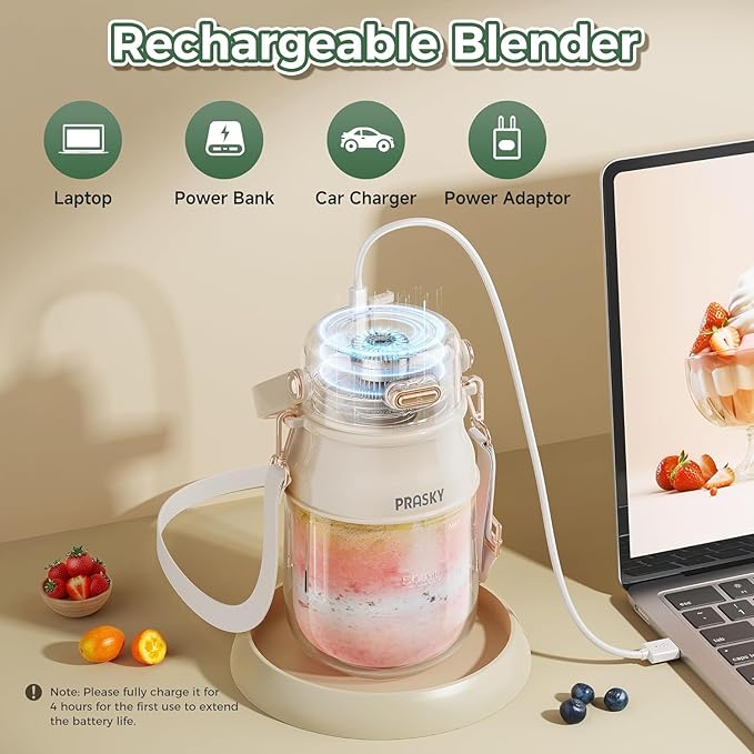 Portable Blender, Prasky Personal Blenders for Shakes and Smoothies with 27oz Cup, Lid and Shoulder Strap, Type-C USB Rechargeable, Personal Size Blenders BPA-free for Travel/Kitchen (Creamy Ivory)