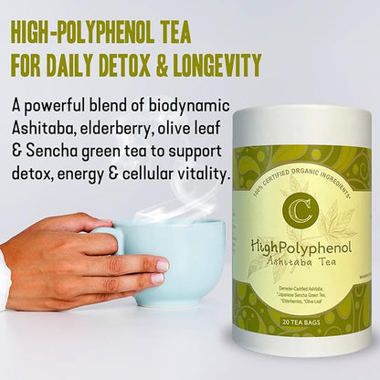 High‑Polyphenol Ashitaba Tea Blend – Demeter Certified Biodynamic U.S. Organic Ashitaba,Sencha Green Tea, with Elderberry & Olive Leaf – 20 Compostable Bags – Perfect for Detox, Metabolic Support