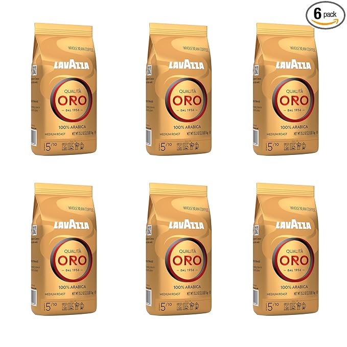 Lavazza Qualità Oro Whole Bean Coffee, Medium Roast, 100% Arabica, 2.2 lb Bag (Pack of 6)