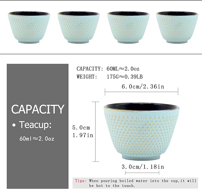 Japanese Cast Iron Tea Cups, Small and Heavy Teacups with no Handles, Japanese Style Cups for Adults, Asian Teacup, Coated with Enameled Interior, 4 Pcs/Box (Lightblue, 2oz/60ml)