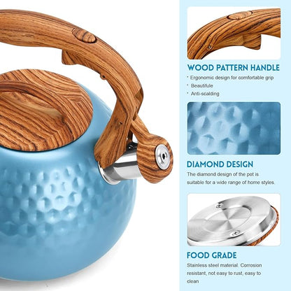 GGC Tea Kettle for Stove Top, Loud Whistling Kettle for Boiling Water Coffee or Milk, 3.1 Quart 3L Heavy Stainless Steel Blue Kettle with Wood Pattern Handle, Unique Button Control Kettle Outlet