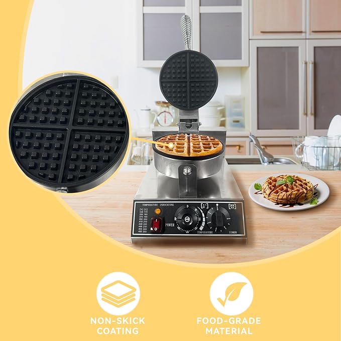 Commercial Waffle Maker, 1200W Stainless Steel Nonstick Round Waffle Iron with 122℉ to 572℉ Temp Range & Time Control, for Household Bakeries Snack Bar
