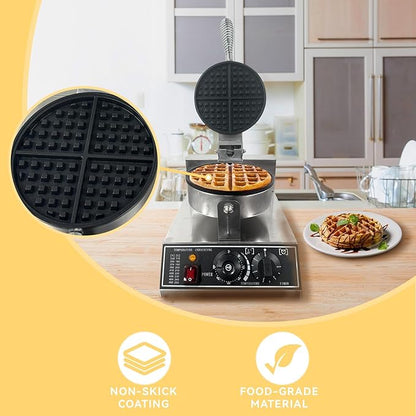 Commercial Waffle Maker, 1200W Stainless Steel Nonstick Round Waffle Iron with 122℉ to 572℉ Temp Range & Time Control, for Household Bakeries Snack Bar