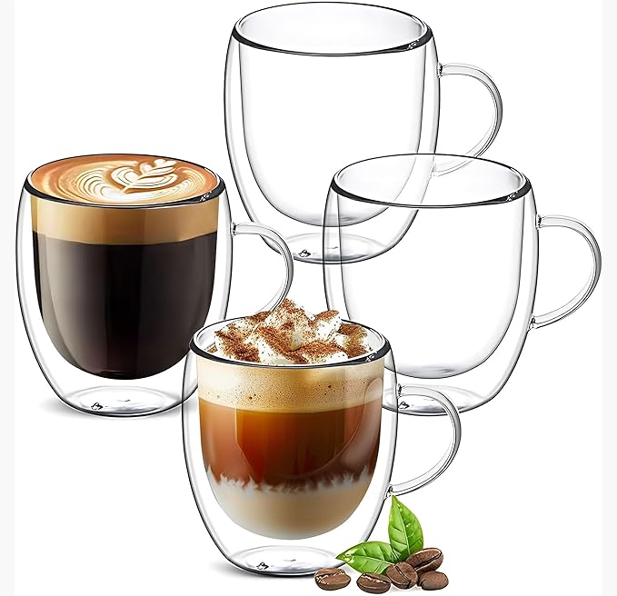 Set of 4 Double Walled Glass Coffee Mugs 3 Ounces Insulated Layer Coffee Cups with Handle Borosilicate Glass Espresso Cup for Hot Beverage,Cappuccino,Tea,Latte,Wine,Microwave Safe