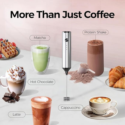 YARRAMATE Rechargeable Milk Frother Wand Handheld, 3 Speed Adjustable Electric Drink Mixer with 2 Whisks, Stainless Steel Stirrer for Coffee, Lattes, Protein Shakes, Matcha, Egg