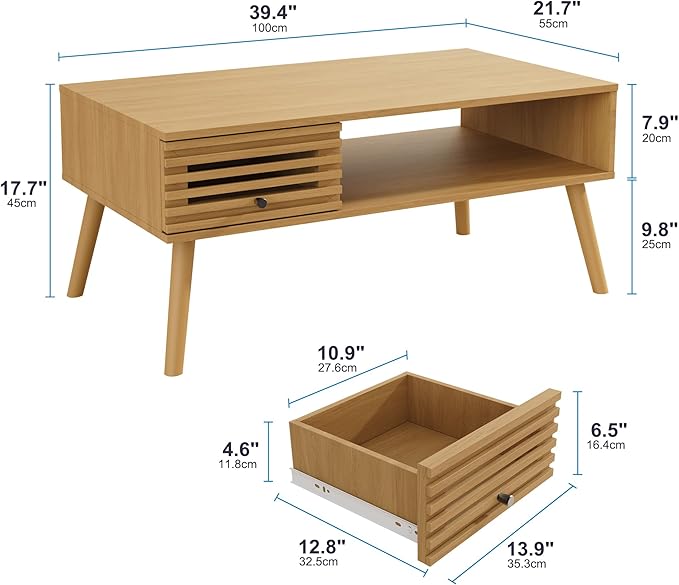 Coffee Table, Mid Century Modern Table with Storage, Living Room Center Table with Slatted Panel Drawer, Fluted Wood Coffee Table with Open Shelf for Living Room, Oak