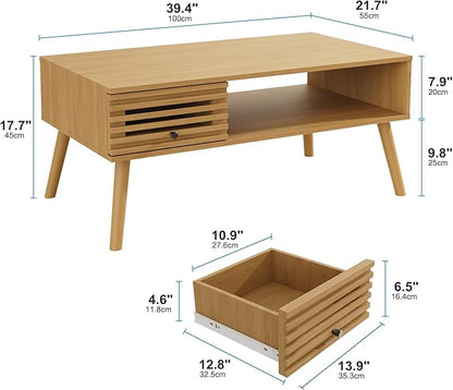 Coffee Table, Mid Century Modern Table with Storage, Living Room Center Table with Slatted Panel Drawer, Fluted Wood Coffee Table with Open Shelf for Living Room, Oak
