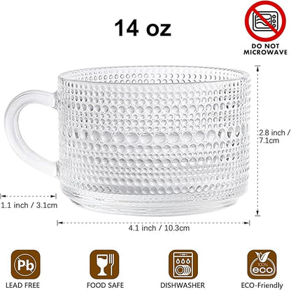 Vintage Coffee Tea Cups, Glass Mugs 14 Oz Set of 2 Embossed Glassware with Handle, for Cappuccino, Latte, Cereal, Yogurt, Beverage Hot/Cold, Milk