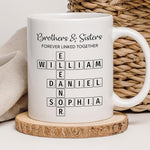 Load image into Gallery viewer, Family Forever Linked Together Custom Names Ceramic Mug, Crossword Puzzle Art, for Birthday, Anniversary or Special Occasions (Brothers &amp; Sisters Forever Linked Together White Mug Ver 1)