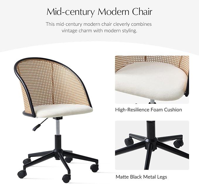 HULALA HOME Rattan Home Office Desk Chair with Curved Backrest, Caster Wheels, Height Adjustable, Accent Task Computer Chair for Home Work, Conference, Dining Room, White