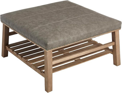 Kmax 32-Inch Grey Faux Leather Coffee Table Large Square Ottoman Foot Rest Stool Upholstered Coffee Table with Wooden Shelf Storage for Living Room Office