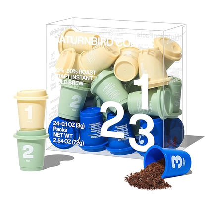 SATURNBIRD Coffee Instant Cold Brew - Light, Medium Roast Variety Pack, 3 Roast Levels (NO.1-3), 100% Arabica, Enjoy Cold/Hot, 24 Single Serves Perfect for Iced Coffee