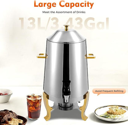 YIYIBYUS 3.5 Gallon Hot Beverage Dispenser, Stainless Steel Coffee Urn Chafer w/Two Heating Methods, Hot Drinks Dispenser for Milk Coffee Tea Water Juice - Parties Event Buffet Catering