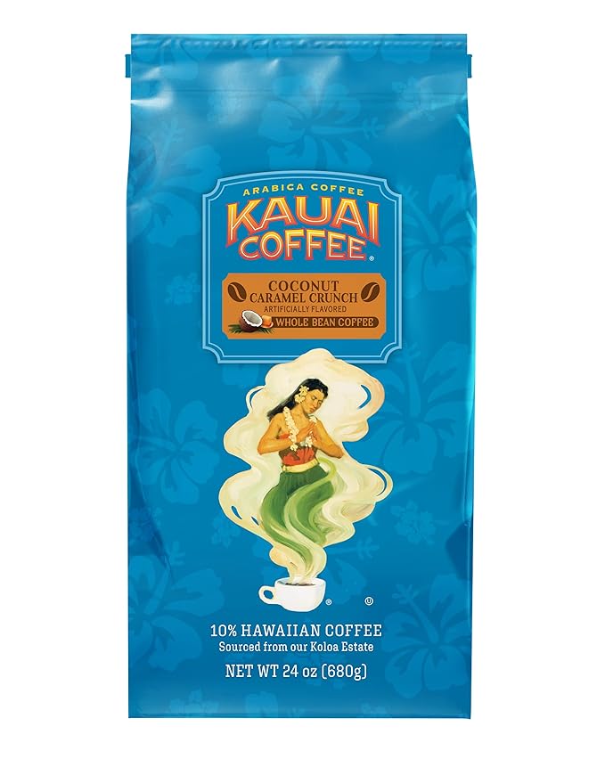 Kauai Coffee Whole Bean Coffee – Smooth, Non-Bitter Medium Roast Pure Arabica – Nutty Caramel and Tropical Coconut – Grown on Hawaii's Largest Coffee Farm – Coconut Caramel Crunch, 1 Pack of 24oz