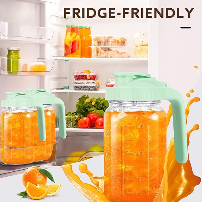 Glass Pitcher with Lid, 64 OZ Mason Jar Pitcher Double Leak Proof, 2 Quart Breast Milk Storage Containers for Fridge, Wide Mouth Glass Jar for Sun Tea, Juice, Cold Brew Coffee