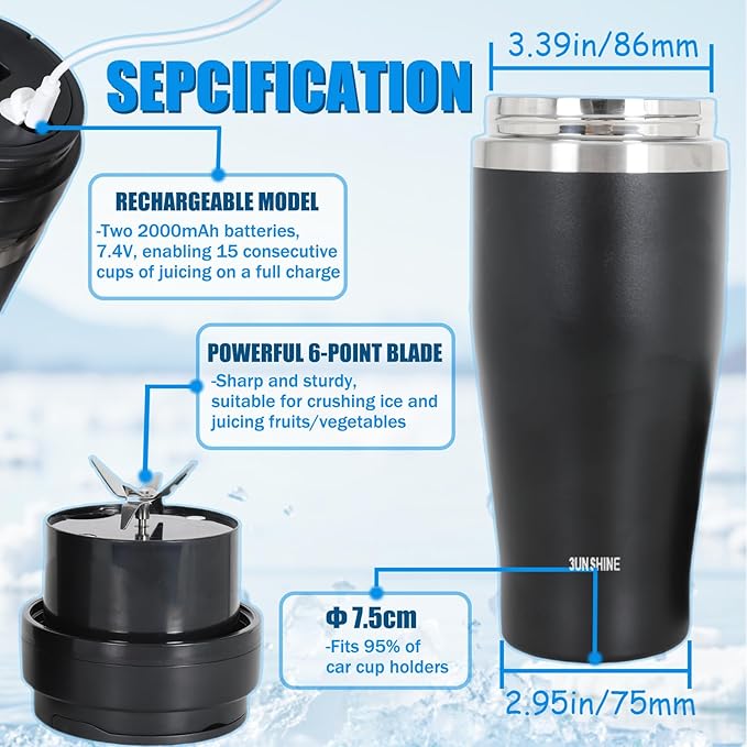 Ice Shave 2-in-1 Stainless Steel Vacuum Tumbler & Cordless Blender - 28oz, Leak Resistant, Cold 24Hrs/Ice 2 Days, 120 Watts with Waterproof Charging - For Smoothies, Home/Office/Car, Black