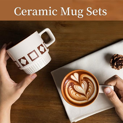 Stackable Coffee Mugs Set, Ceramic Espresso Cups for Au Lait, Cappuccino,Latte,Cafe,Mocha,Tea, Geometric Pattern Cups Suit For Housewarming Wedding- 11 oz, Set of 4, Beige&Brown