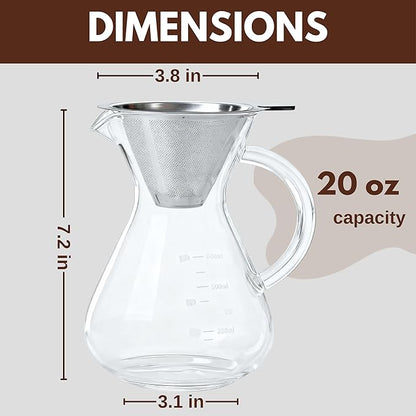 Pour Over Coffee Maker - 20 Oz (600ml) Borosilicate Glass Carafe - Reusable Stainless Steel Filter Paperless Dripper - For Home & Office & Resteraunt & Camping