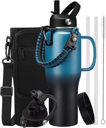 32 OZ Insulated Water Bottle Tumbler - with Straw & Spout Lid, Paracord Handle, Stap Carrying Case, Cold-48H & Hot-24H, Stainless Steel Tumblers with Handle, Slim Water Bottle that Fits in Cup Holder