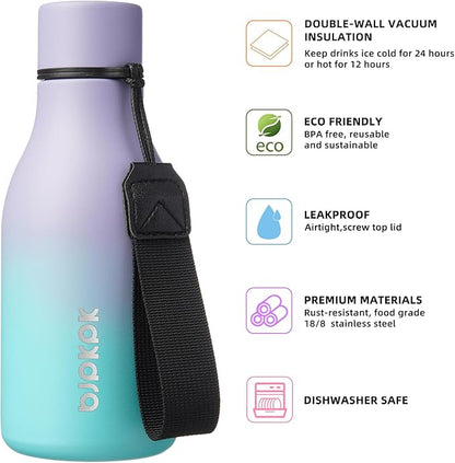 BJPKPK Insulated Water Bottles, 12oz Stainless Steel Metal Water Bottle with Strap, BPA Free Leak Proof Jugs, Mugs, Flasks, Reusable Thermal Flasks for Sports & Travel, Lavender Mint
