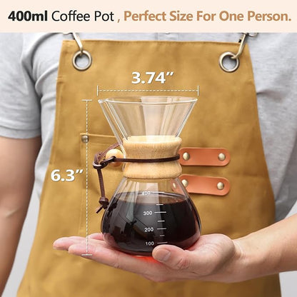 Pour Over Coffee Maker 14 OZ, 4 Cup Borosilicate Glass Drip Coffee Maker with Reusable Stainless Steel Filter and Cork Grip for Home Café 400 ML